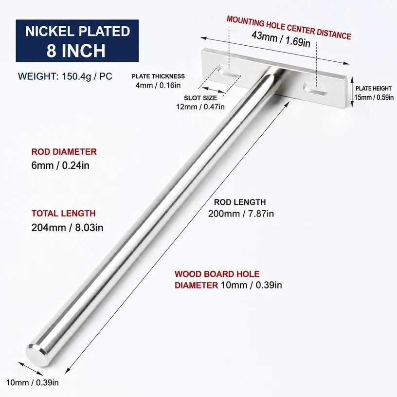 8" Nickel Hidden T Shelf Bracket 2Pcs w/ 5x60&5x80 Screws