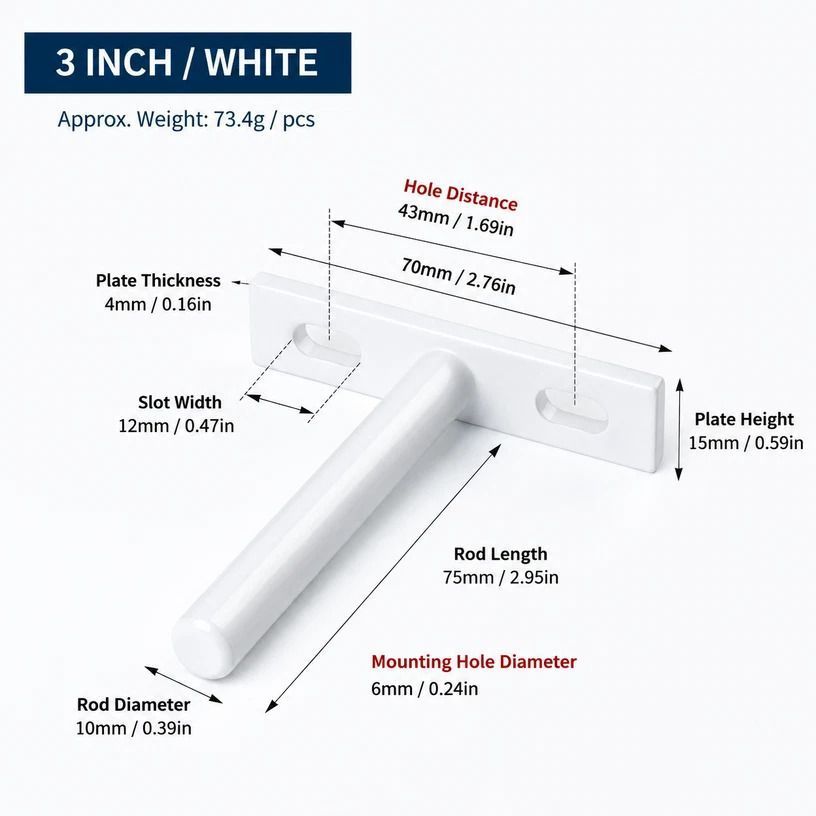 3" White Hidden T Shelf Bracket 2Pcs w/ 5x60&5x80 Screws