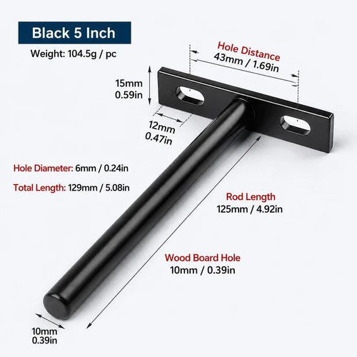 5" Black Hidden T Shelf Bracket 4Pcs w/ 5x60&5x80 Screws