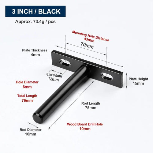 3" Black Hidden T Shelf Bracket 4Pcs w/ 5x60&5x80 Screws