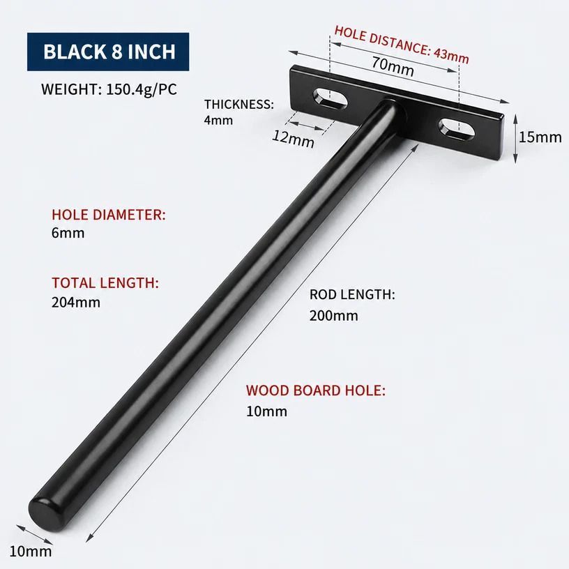 8" Black Hidden T Shelf Bracket 6Pcs w/ 5x60&5x80 Screws
