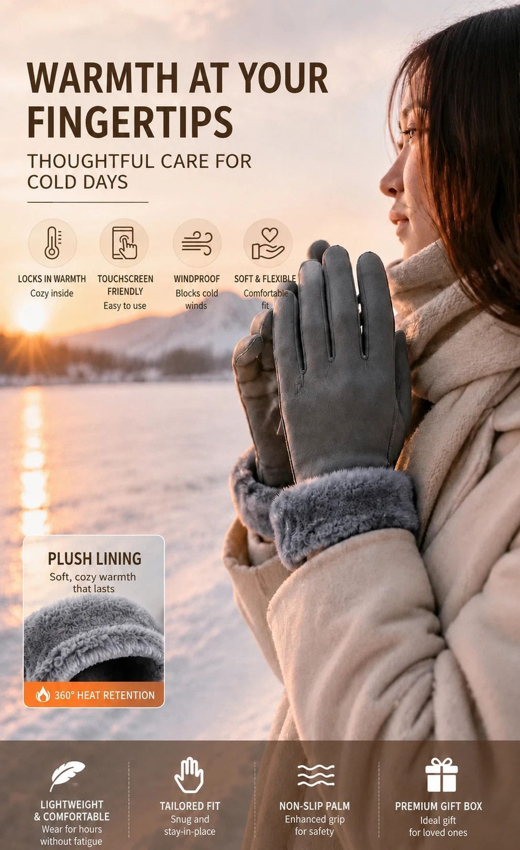 Black Fur Cuff Women's Windproof Fleece Touch Screen Bike Gloves