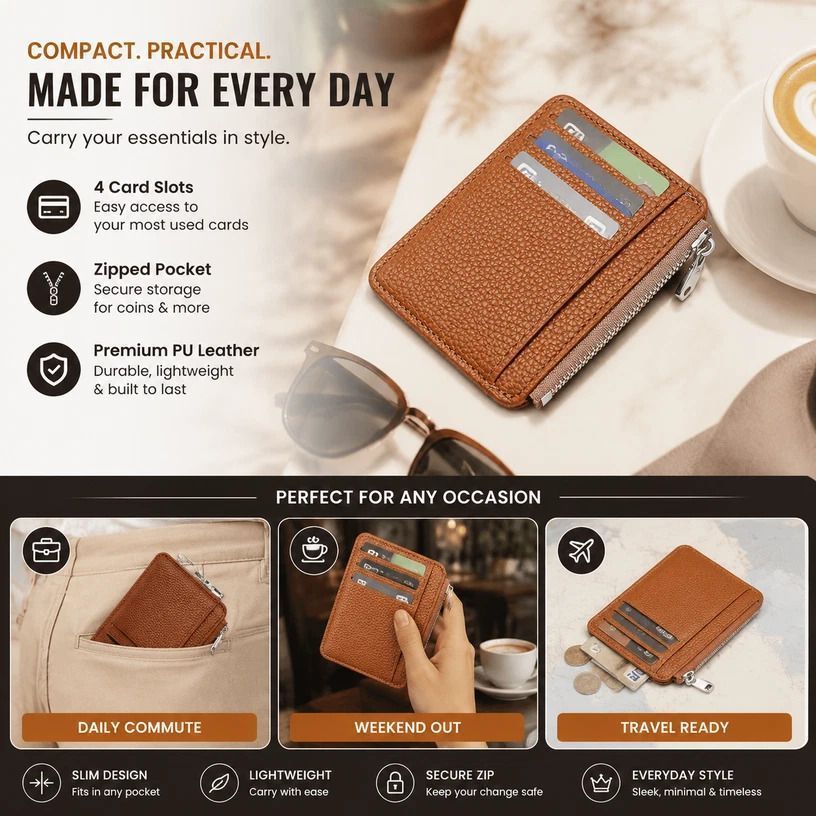 Brown Vertical Casual Card Wallet Lychee Texture Zipper Closure Multi Pocket Card Organizer