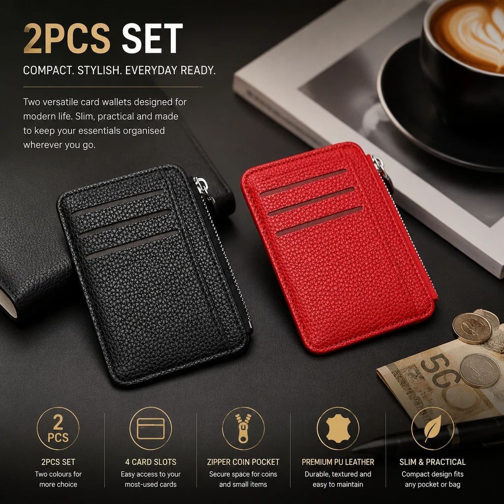 Black & Red Vertical Card Holder 2Pcs Set Lychee Grain Zipper Business & Casual Use