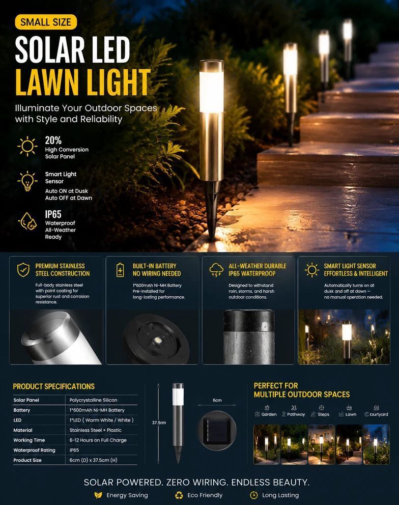 Small Silver Warm White Solar LED Stainless Steel Yard Light