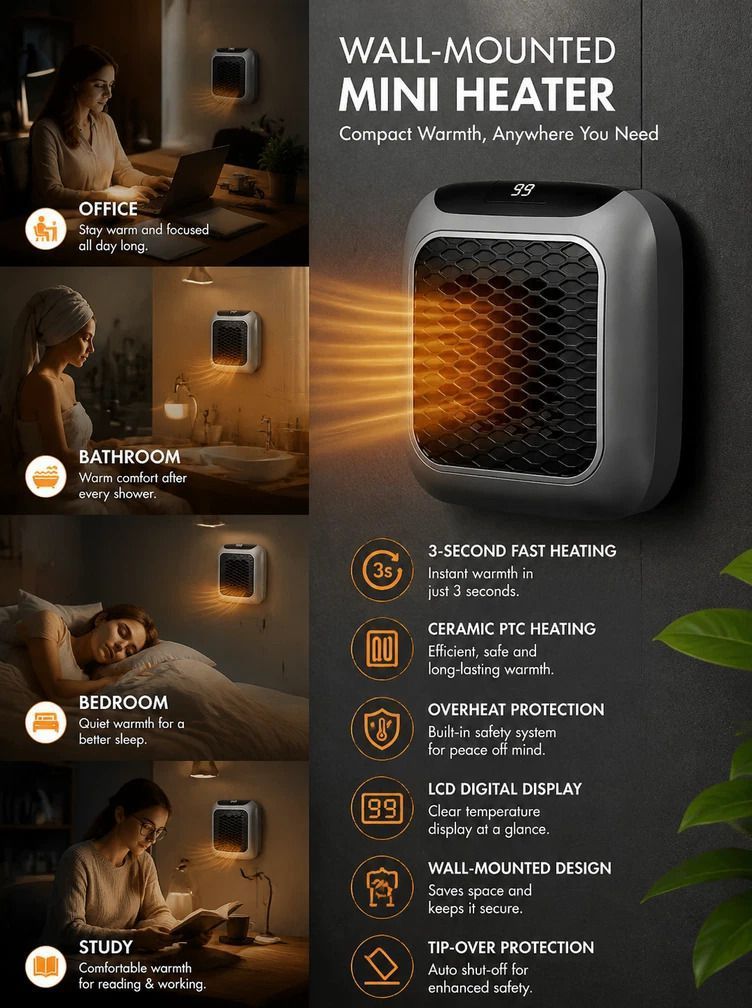Wall Mount Mini Fan Heater with Timer Portable Electric Heater Home Office