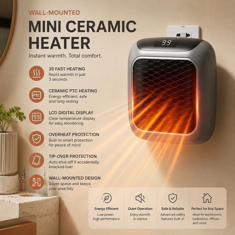 Wall Mount Mini Fan Heater with Timer Portable Electric Heater Home Office