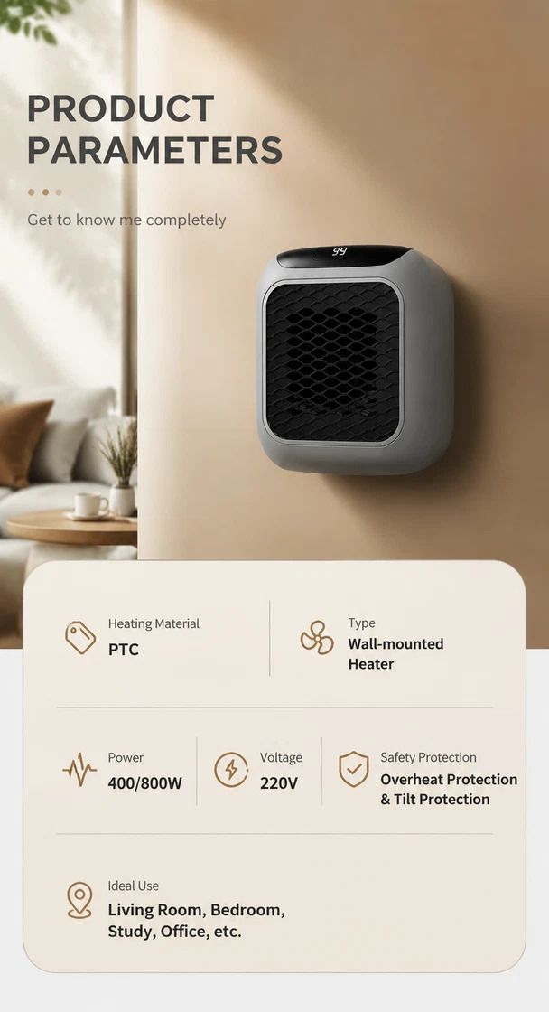 Wall Mount Mini Fan Heater with Timer Portable Electric Heater Home Office