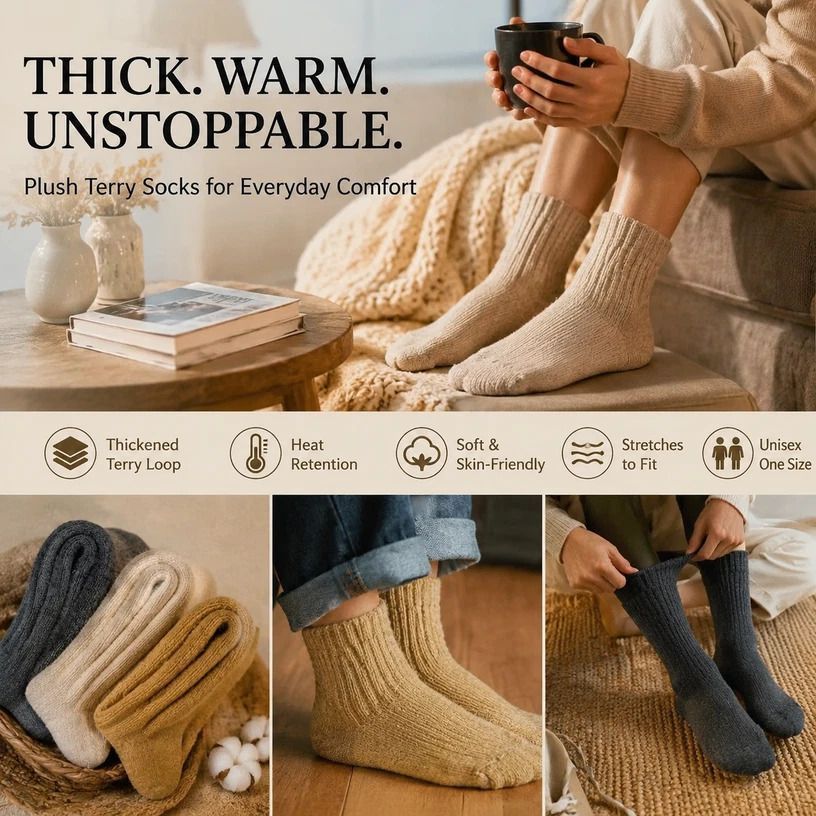 Light Grey Wool Lined Thermal Socks Unisex Thick Terry Winter Socks 3 Pairs