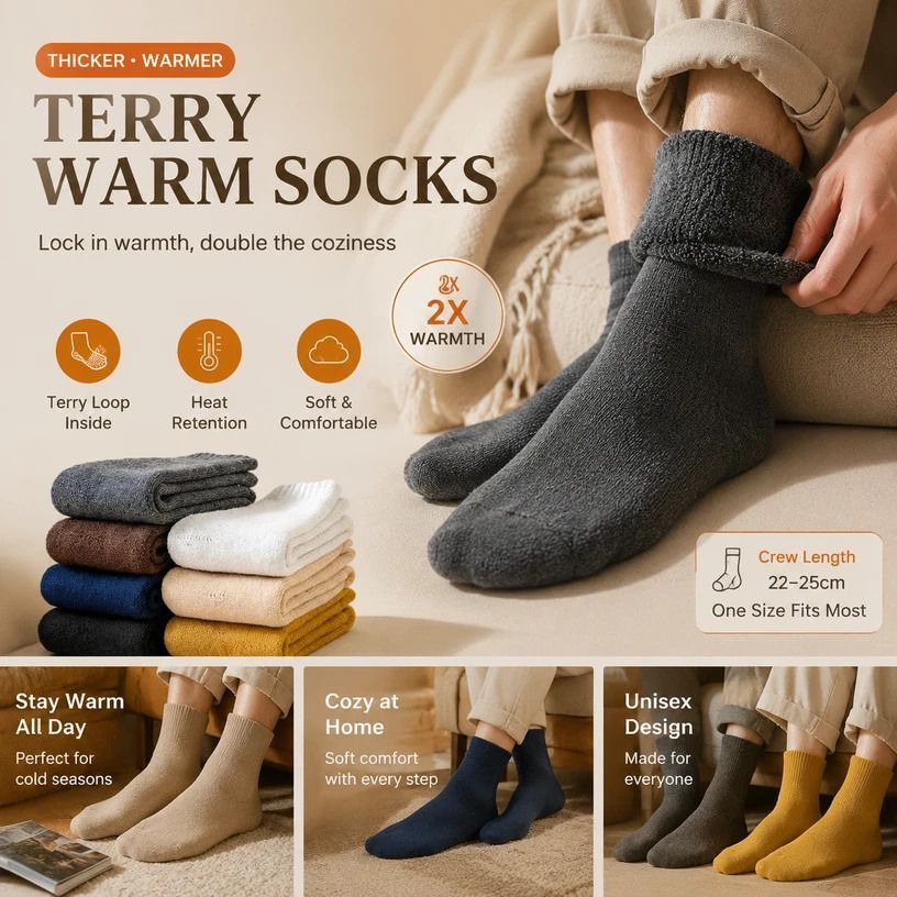 Light Coffee Wool Lined Thermal Socks Unisex Thick Terry Winter Socks 3 Pairs