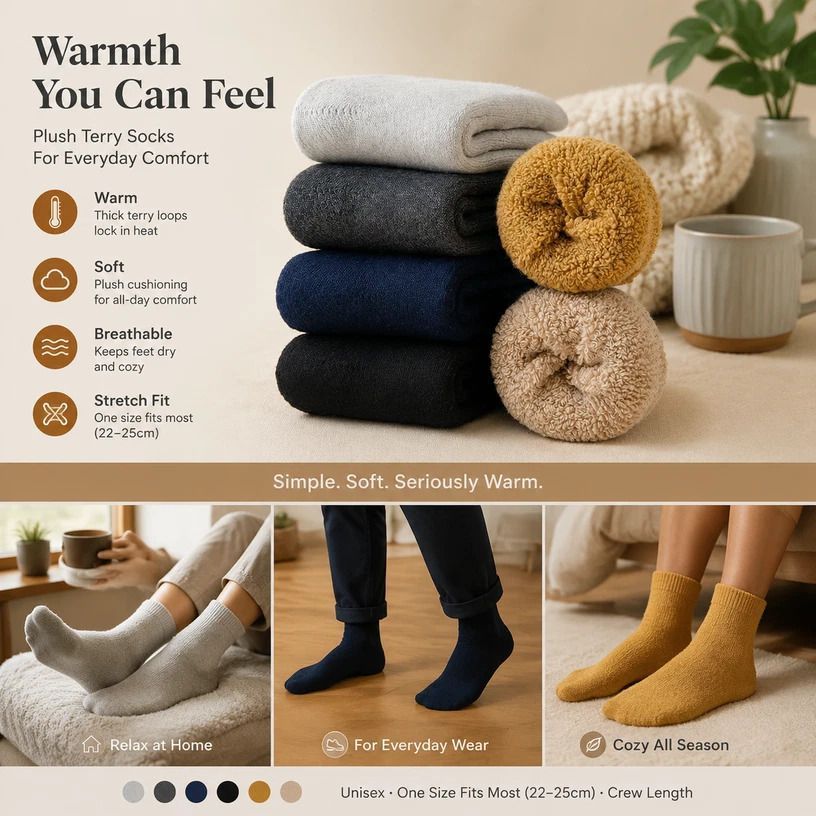 Light Coffee Warm Fleece Terry Wool Socks Adult Unisex Loose Top Winter Socks 6 Pairs