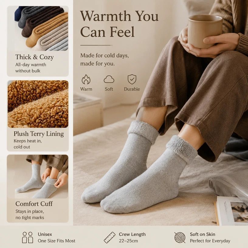 Light Coffee Warm Fleece Terry Wool Socks Adult Unisex Loose Top Winter Socks 6 Pairs