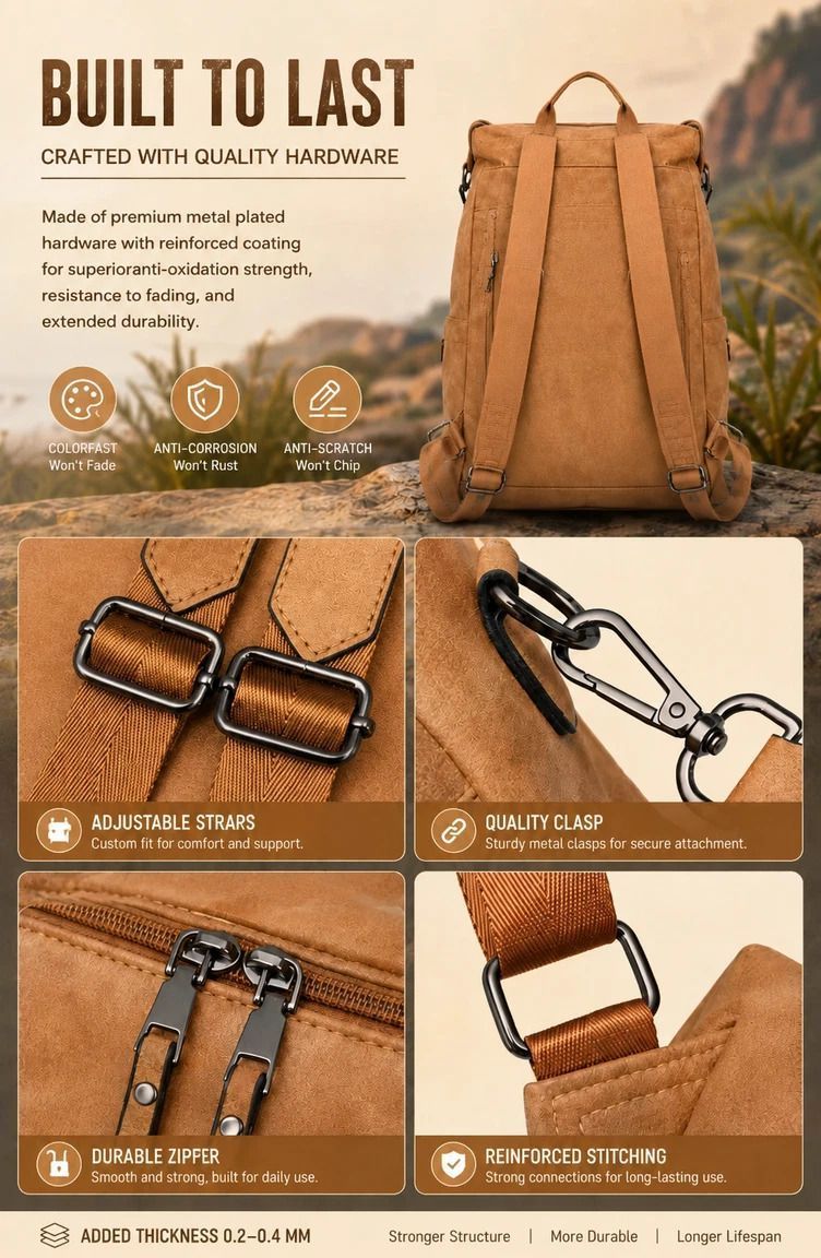 Two-Tone Coffee Textured Women Retro Backpack Multi Functional Large Capacity Bag