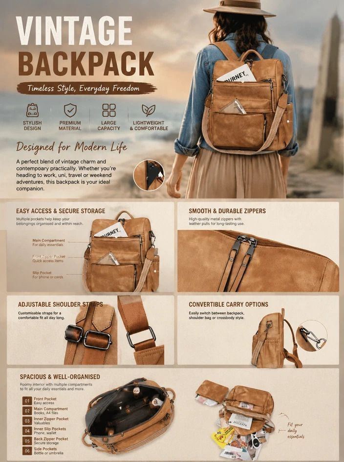 Two-Tone Brown Grain Ladies Vintage Backpack Set Large Travel Shoulder Bag