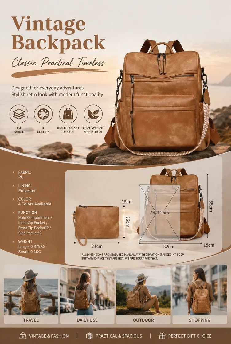 Black Retro European Style Women Backpack Multi Pocket Large Daily Bag
