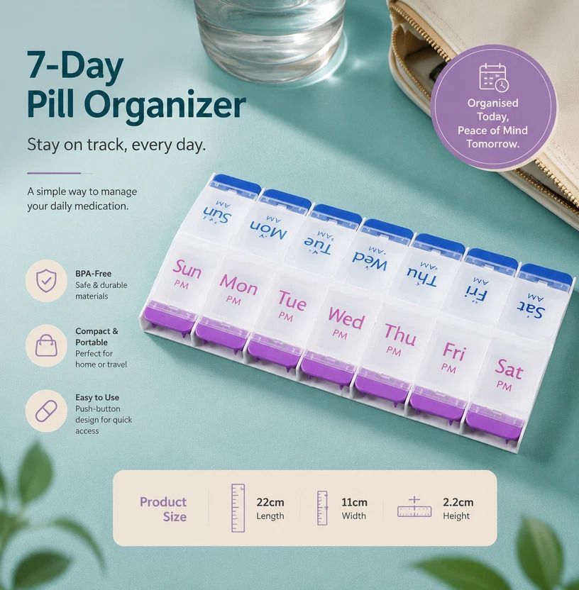 Double Row 14 Compartment Weekly Pill Container Portable Press Medicine Box 4Pcs