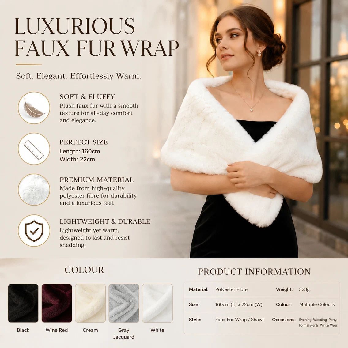 Black Women Fluffy Faux Fur Wrap Shawl Party Costume Stole