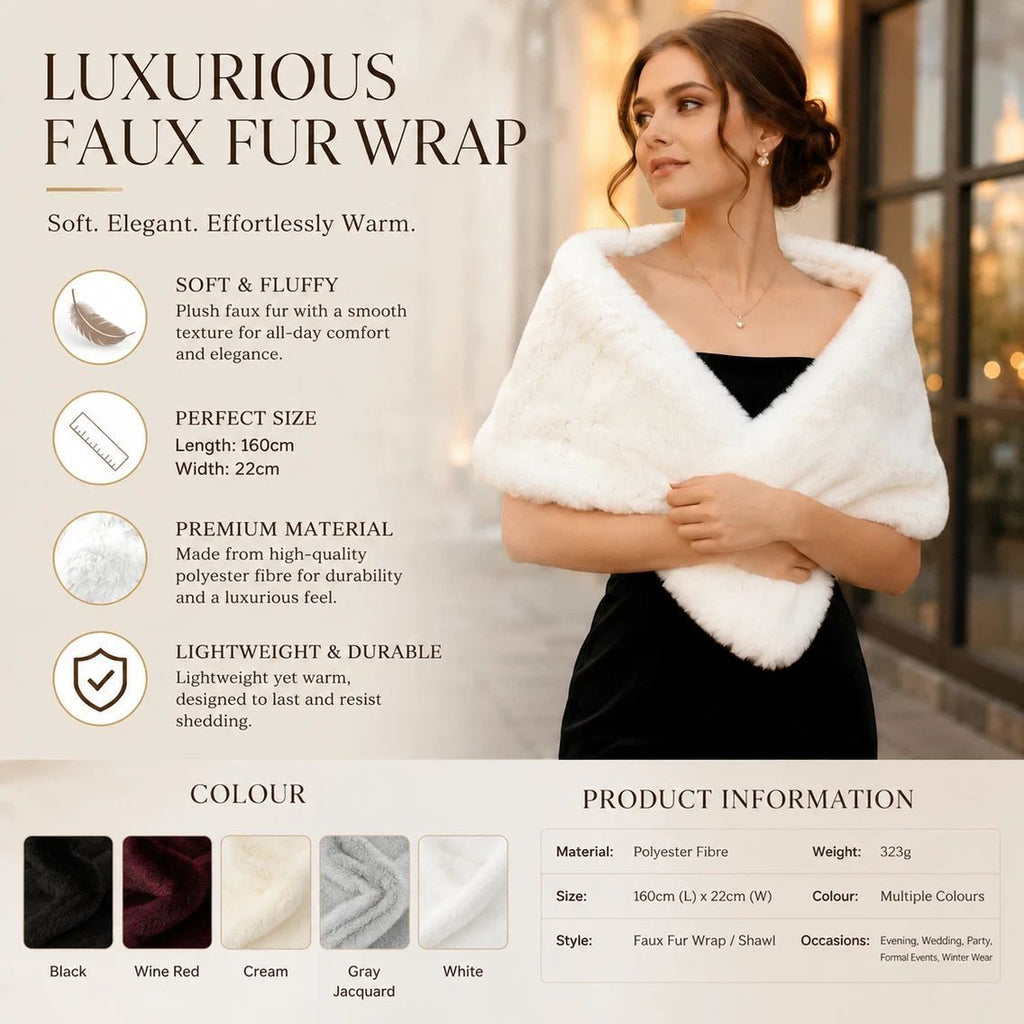 White Ladies Fluffy Faux Fur Wrap Elegant Party Shoulder Cape