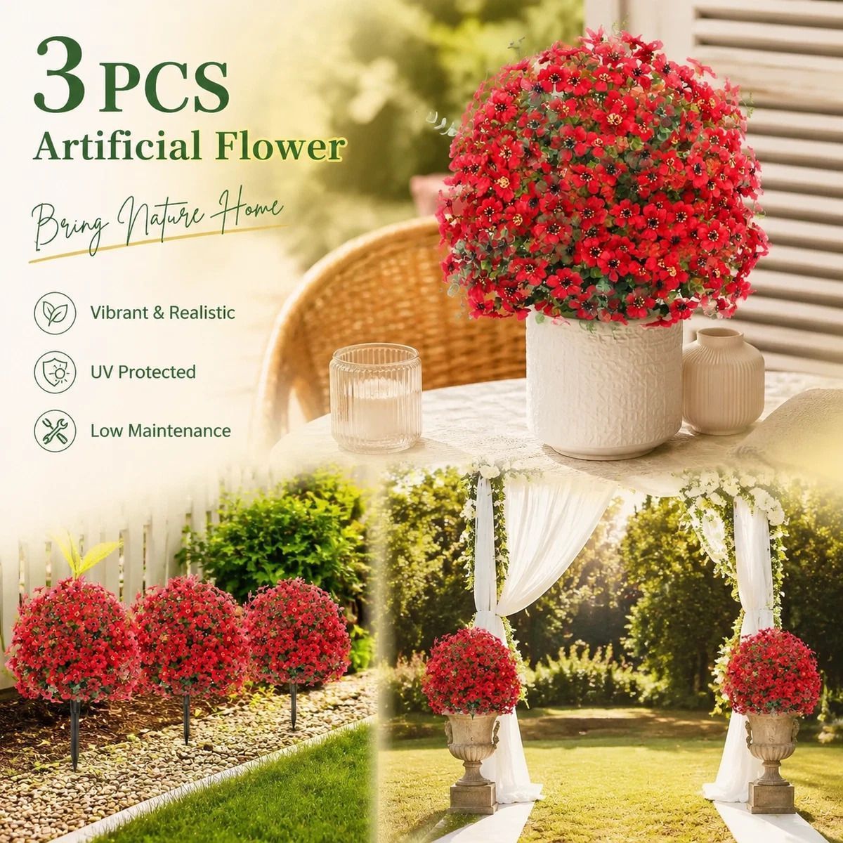 Bright Red Artificial Eucalyptus Stems 3Pcs Home Vase Garden Landscape Decor