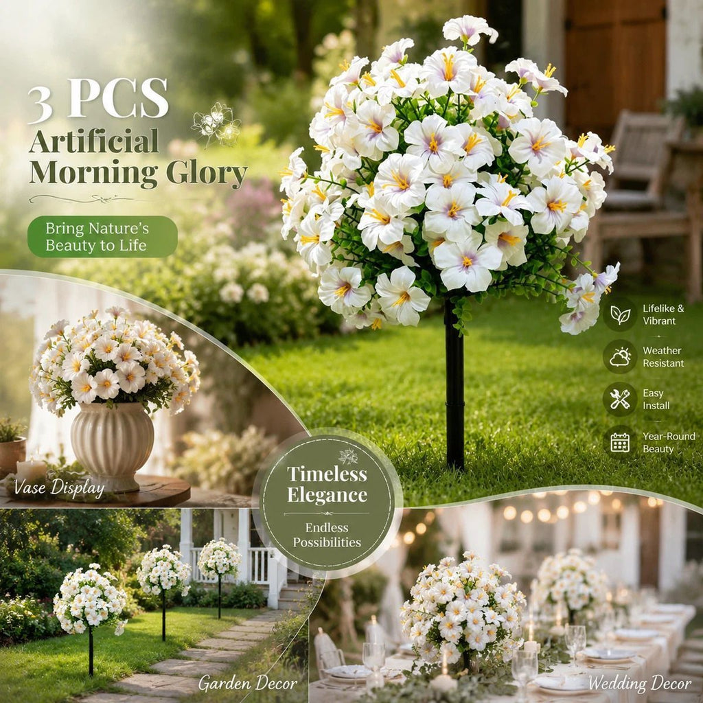 Dual Purple Morning Glory Artificial Greenery 3Pcs Table Floral Display Prop