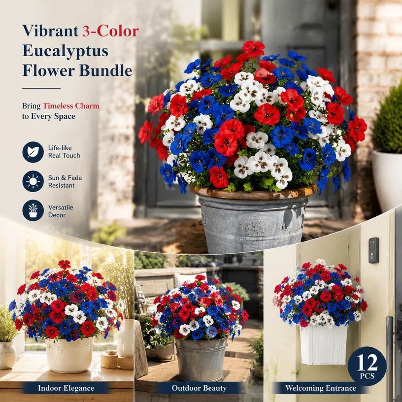 White Red Blue Mixed Faux Eucalyptus Pansy Stems Home Vase Decor Set of 12