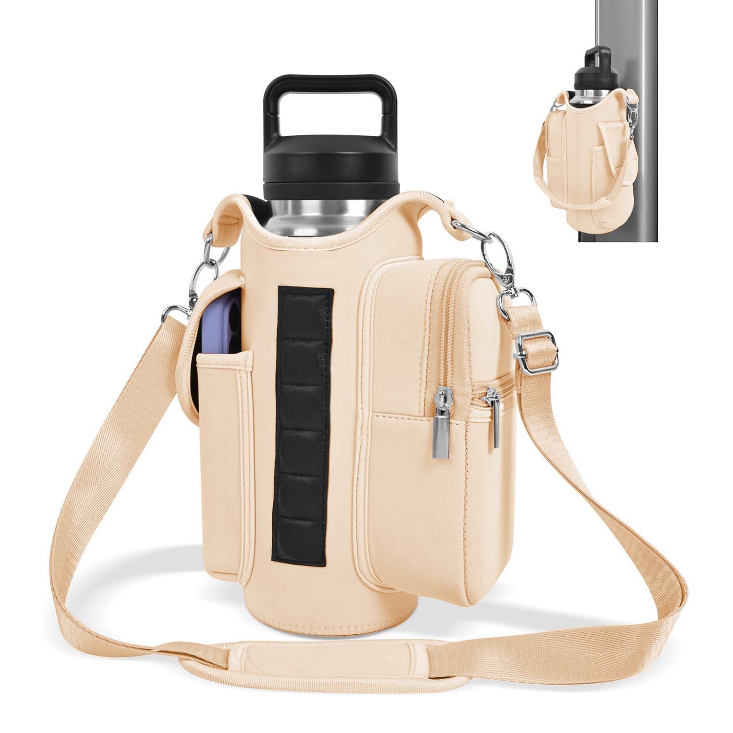 6-Magnet Suction Fitness Water Bottle Bag: Comes with Phone Pocket + Multi-Pocket Crossbody Design, Adjustable Shoulder Strap, Compatible with Treadmill and Squat Rack, Thickened Wear-Resistant Sports Essential/BLACK