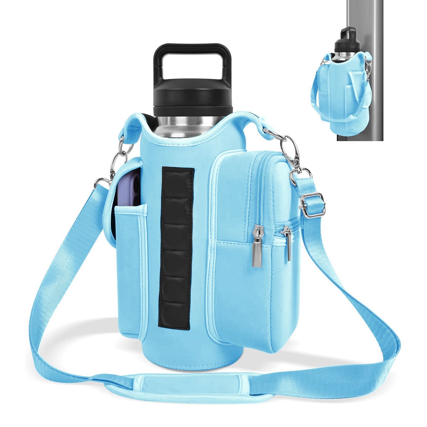 6-Magnet Suction Fitness Water Bottle Bag: Comes with Phone Pocket + Multi-Pocket Crossbody Design, Adjustable Shoulder Strap, Compatible with Treadmill and Squat Rack, Thickened Wear-Resistant Sports Essential/BLACK