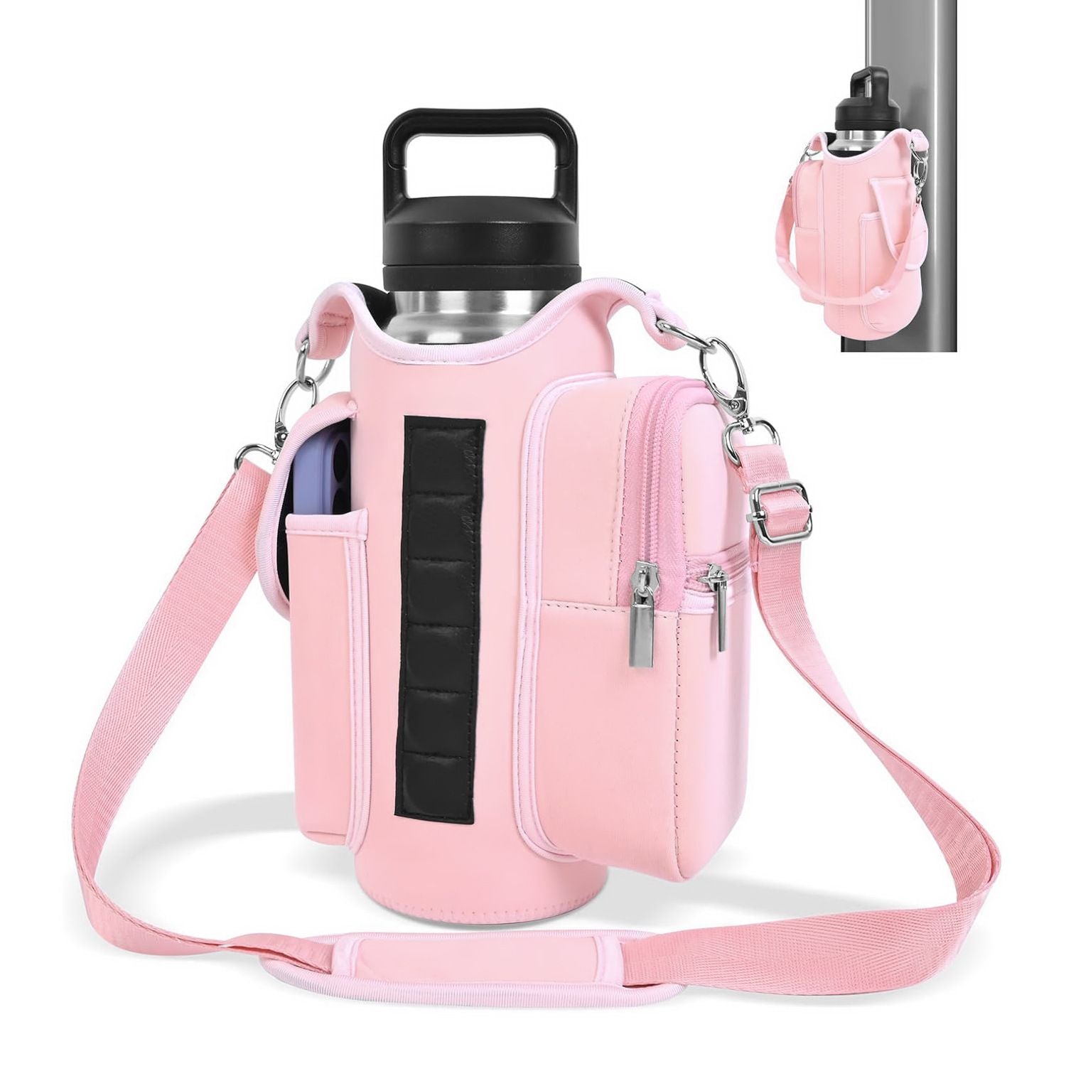 6-Magnet Suction Fitness Water Bottle Bag: Comes with Phone Pocket + Multi-Pocket Crossbody Design, Adjustable Shoulder Strap, Compatible with Treadmill and Squat Rack, Thickened Wear-Resistant Sports Essential/BLACK
