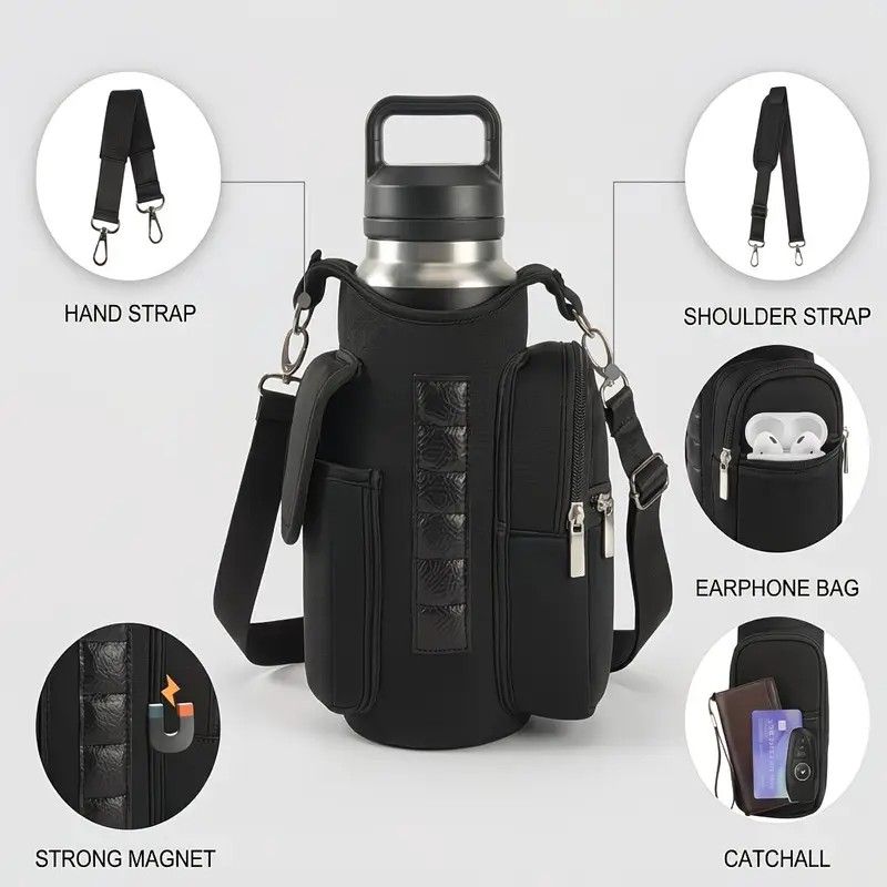 6-Magnet Suction Fitness Water Bottle Bag: Comes with Phone Pocket + Multi-Pocket Crossbody Design, Adjustable Shoulder Strap, Compatible with Treadmill and Squat Rack, Thickened Wear-Resistant Sports Essential/BLUE