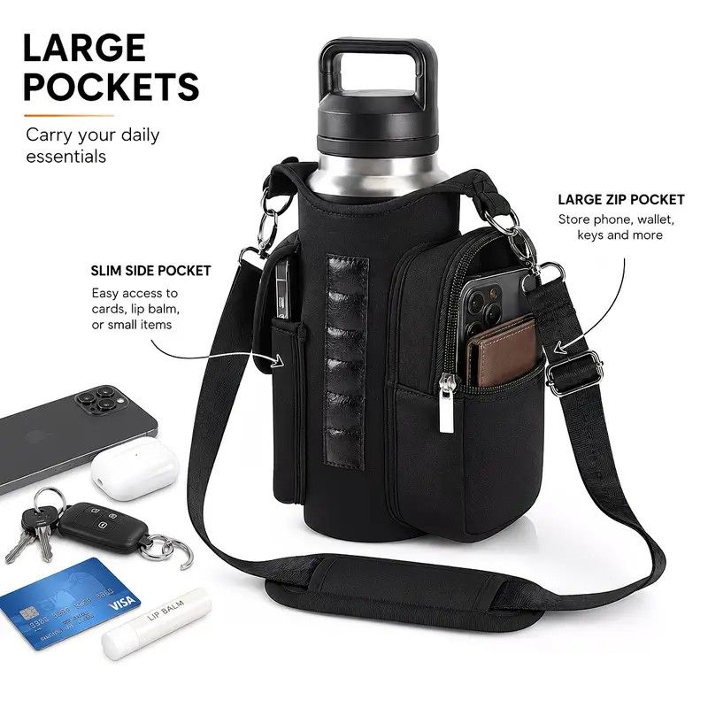 6-Magnet Suction Fitness Water Bottle Bag: Comes with Phone Pocket + Multi-Pocket Crossbody Design, Adjustable Shoulder Strap, Compatible with Treadmill and Squat Rack, Thickened Wear-Resistant Sports Essential/BLUE