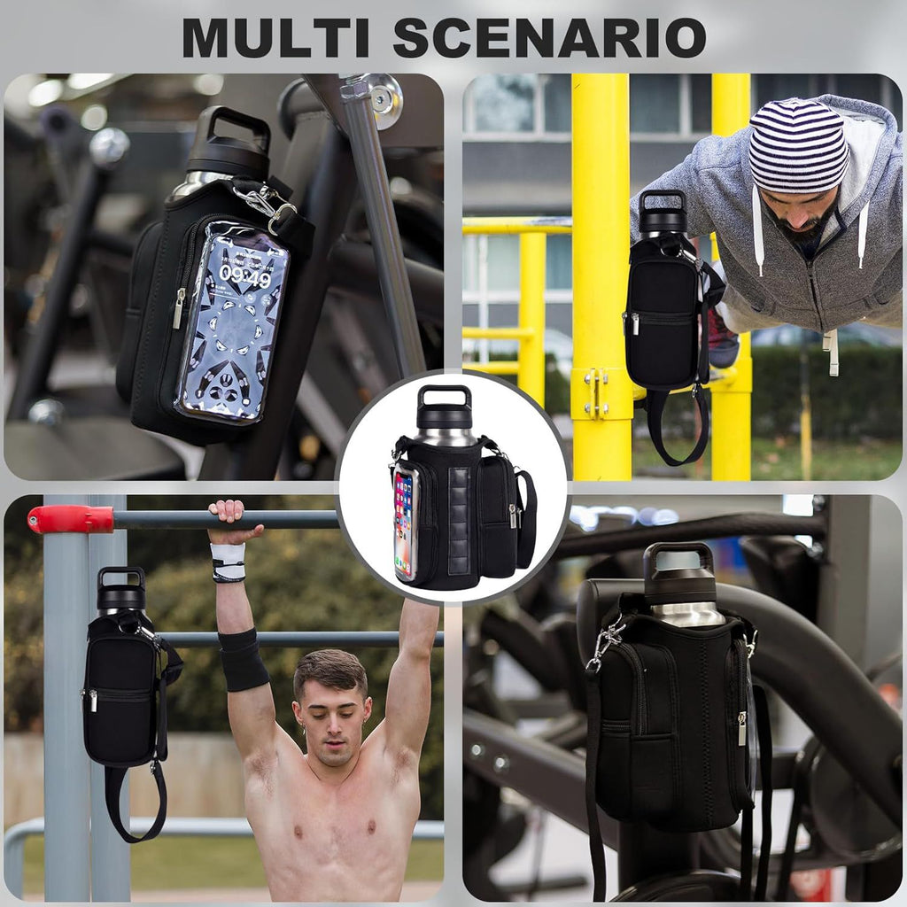 Transparent Single Row 6 Magnet Fitness Water Bottle Bag: HD touchscreen phone pocket, multi-pocket storage, thickened wear-resistant material securely attaches to equipment, one bag handles all sports and travel needs./black