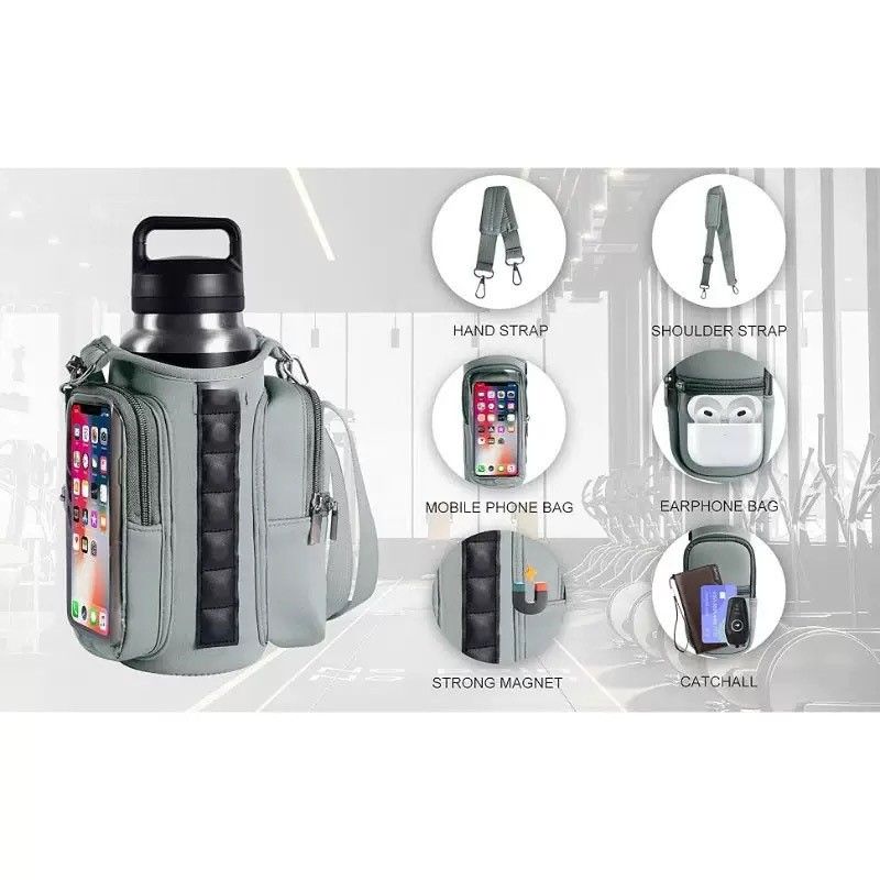 Transparent Single Row 6 Magnet Fitness Water Bottle Bag: HD touchscreen phone pocket, multi-pocket storage, thickened wear-resistant material securely attaches to equipment, one bag handles all sports and travel needs./black