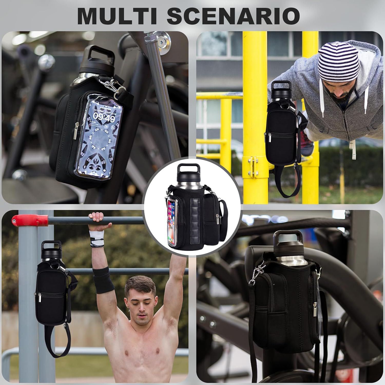 Transparent Single Row 6 Magnet Fitness Water Bottle Bag: HD touchscreen phone pocket, multi-pocket storage, thickened wear-resistant material securely attaches to equipment, one bag handles all sports and travel needs./PINK