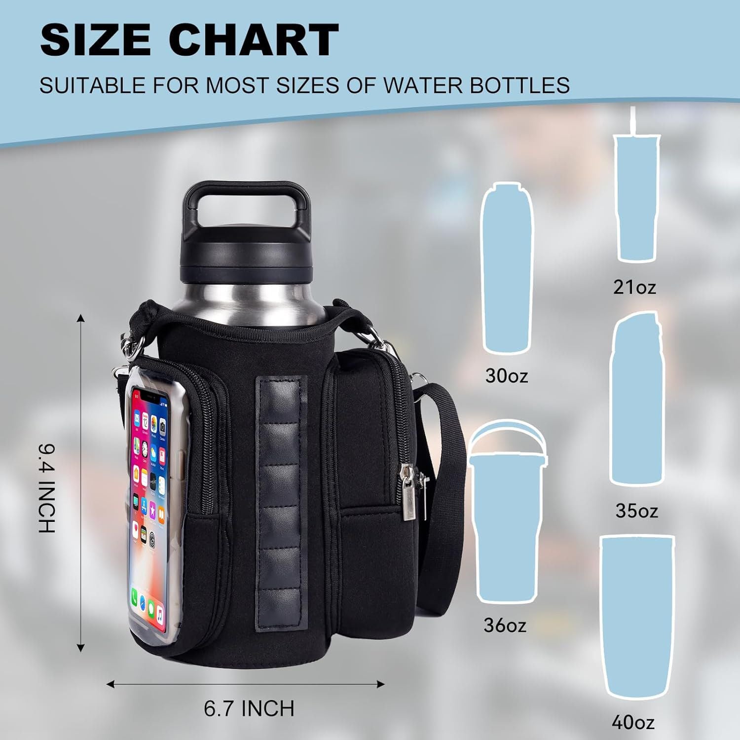 Transparent Single Row 6 Magnet Fitness Water Bottle Bag: HD touchscreen phone pocket, multi-pocket storage, thickened wear-resistant material securely attaches to equipment, one bag handles all sports and travel needs./BLUE