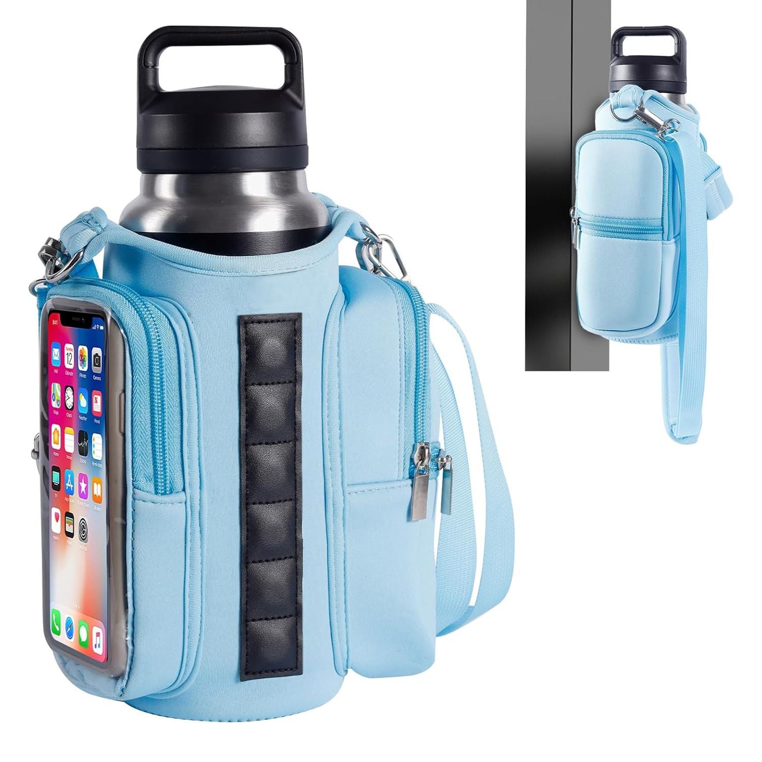 Transparent Single Row 6 Magnet Fitness Water Bottle Bag: HD touchscreen phone pocket, multi-pocket storage, thickened wear-resistant material securely attaches to equipment, one bag handles all sports and travel needs./purple