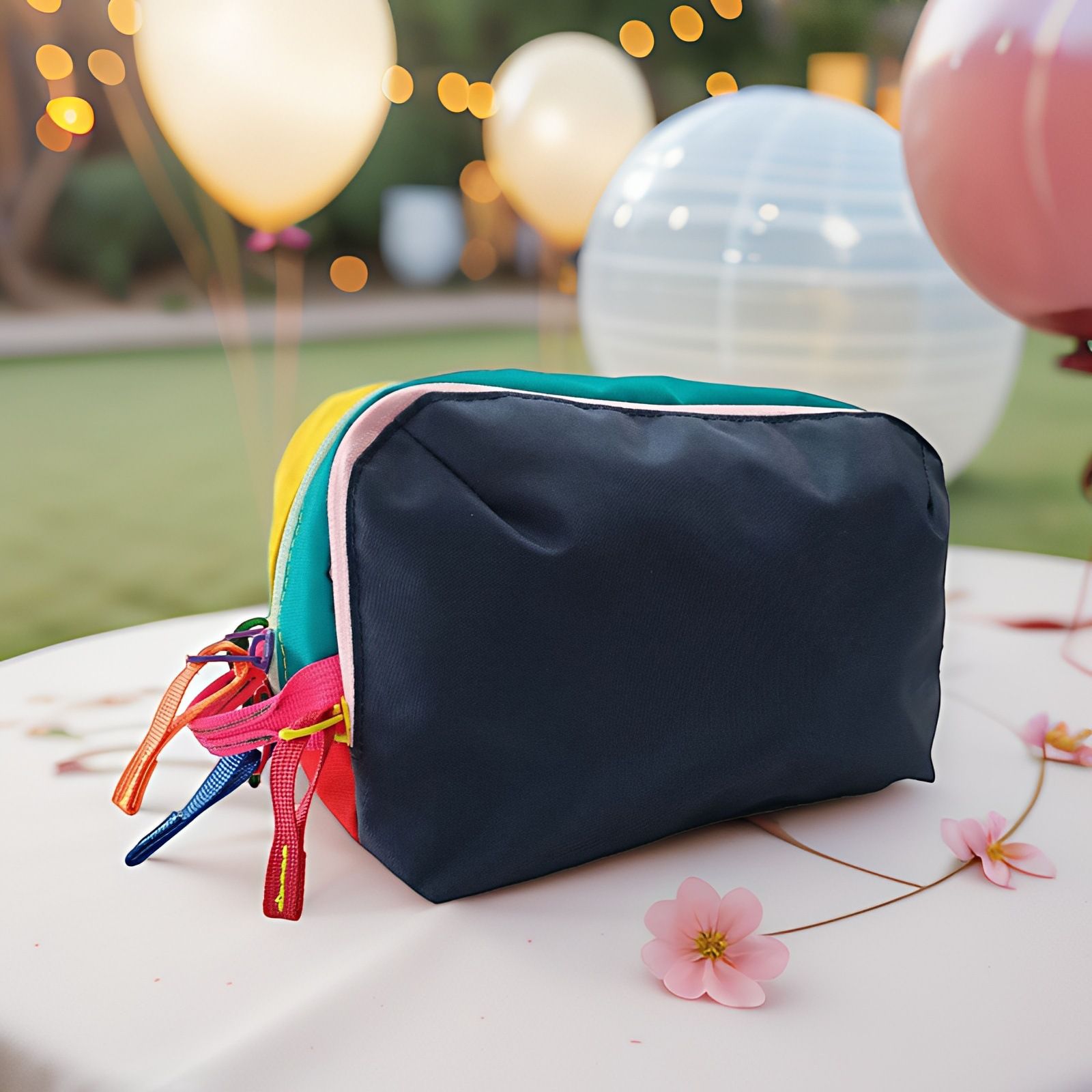 Dopamine Color-Blocking Cosmetic Bag, waterproof with large capacity, layered storage for skincare and makeup, easy opening and closing with drawstring zipper, essential sweet storage item for travel and commuting./(former) navy blue (later) scarlet