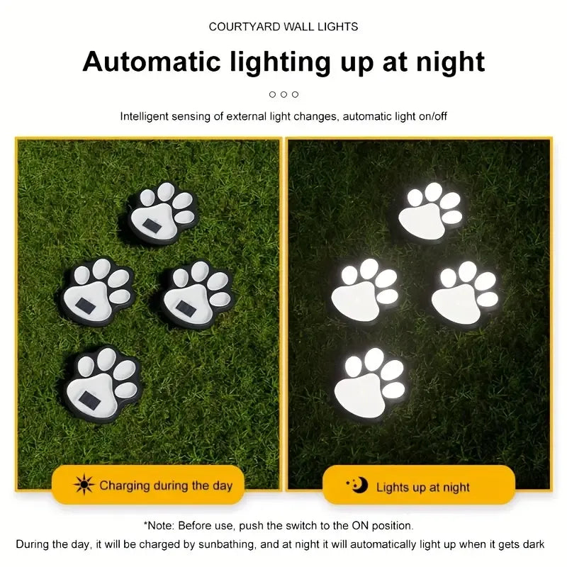 4PCS Dog Paw Solar Ground Light: Realistic paw print design, solar powered, auto on at night. Add warmth and charm to your garden pathway./Warm light