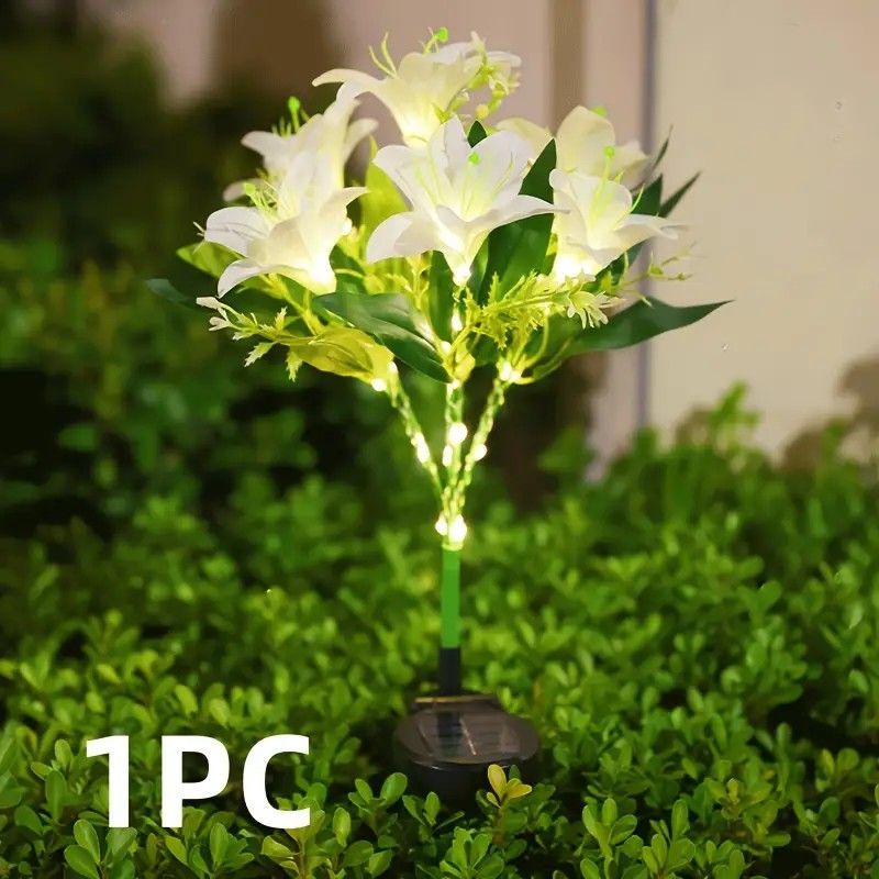 Seven Branch Solar Lily Light: Charges during the day, glows at night. Seven lilies bloom together, soft light flows like water through your garden./PINK