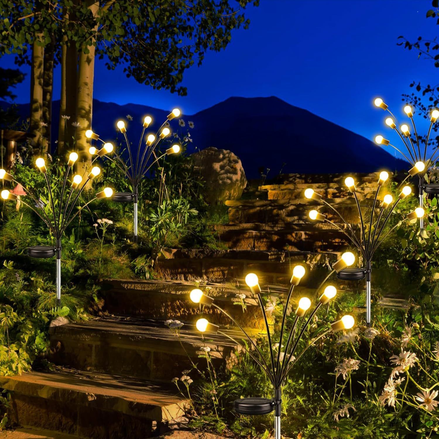 Seven Branch Solar Lily Light: Charges during the day, glows at night. Seven lilies bloom together, soft light flows like water through your garden./10 lamp holder [warm light] is always on