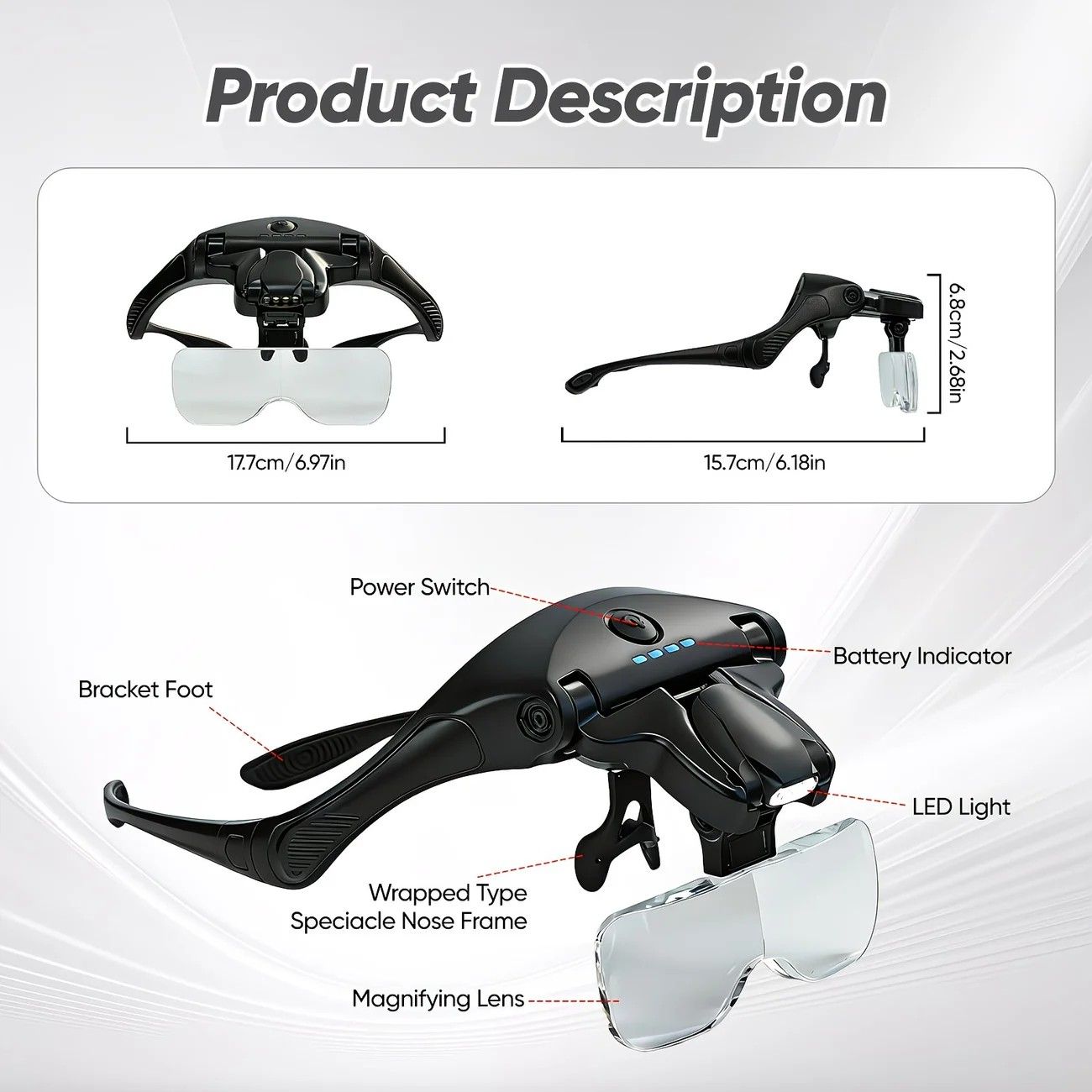 Head-mounted rechargeable magnifier, high-definition lenses with LED lighting, dual wearing modes for flexible switching, full-dimensional adjustment for precision work, lightweight, scratch-resistant, and durable, long battery life supporting repair and