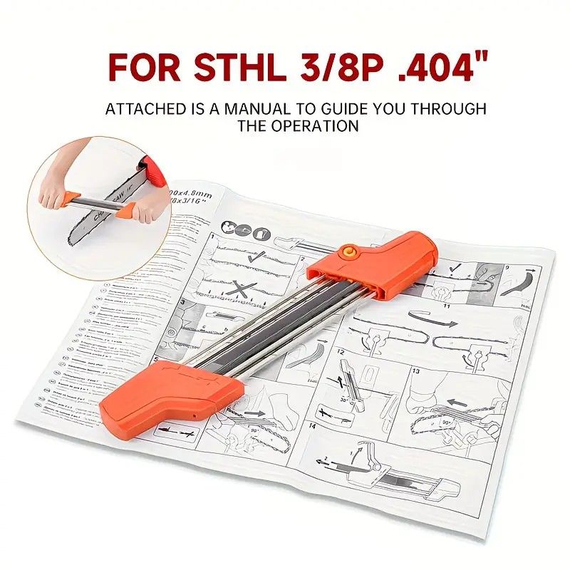 Chain saw file: upgraded lightweight, battery-free and portable, precision sharpening for 3/8-inch saw chain, single-direction reciprocating operation, essential tool for outdoor gardening and forestry maintenance.(Orange-with 4.8 file)