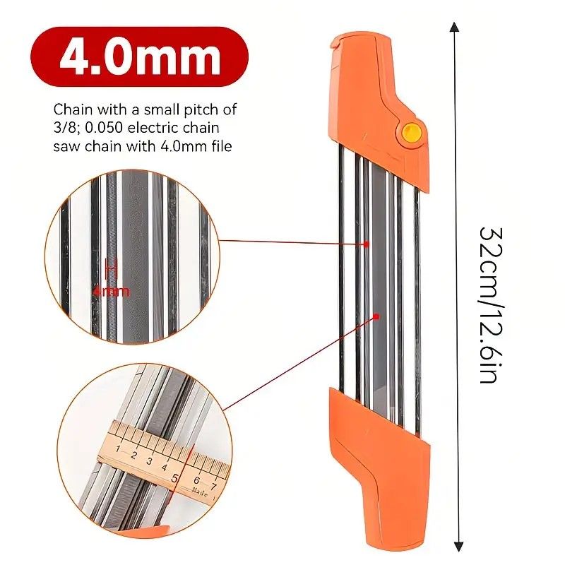 Chain saw file: upgraded lightweight, battery-free and portable, precision sharpening for 3/8-inch saw chain, single-direction reciprocating operation, essential tool for outdoor gardening and forestry maintenance.(Orange-with 4.8 file)