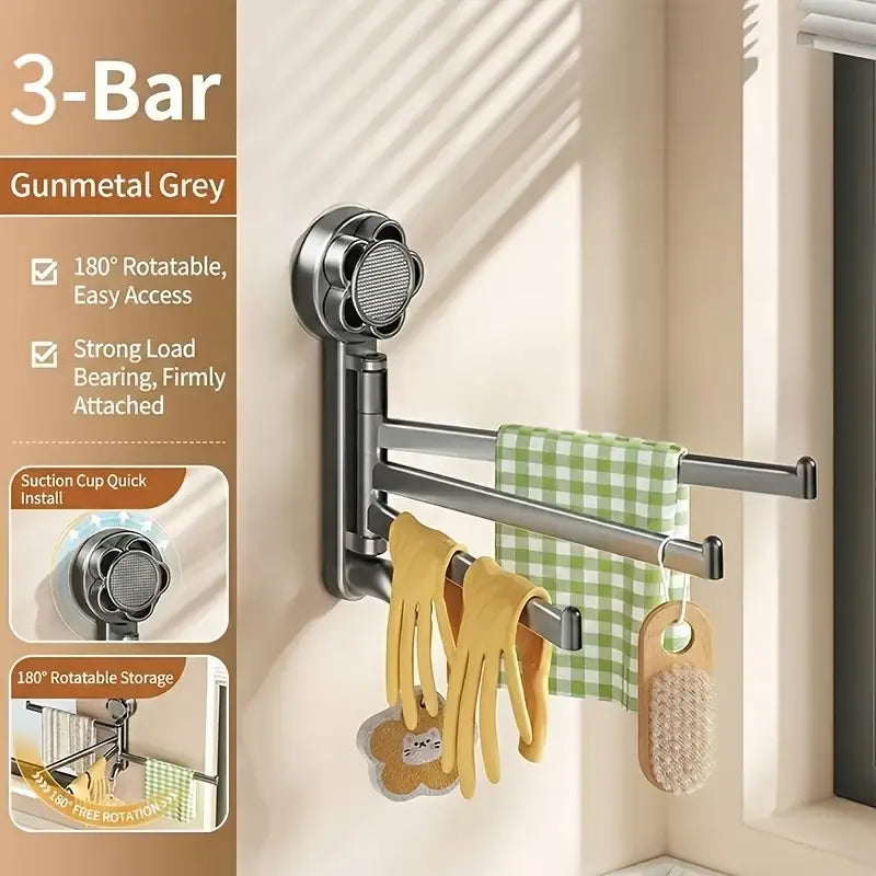 No-drill ABS Suction Cup Towel Rack, 180° Rotating Layered Storage, Dual Use for Kitchen and Bathroom, Sturdy Load Bearing and Easy to Clean./Milky white three-shot
