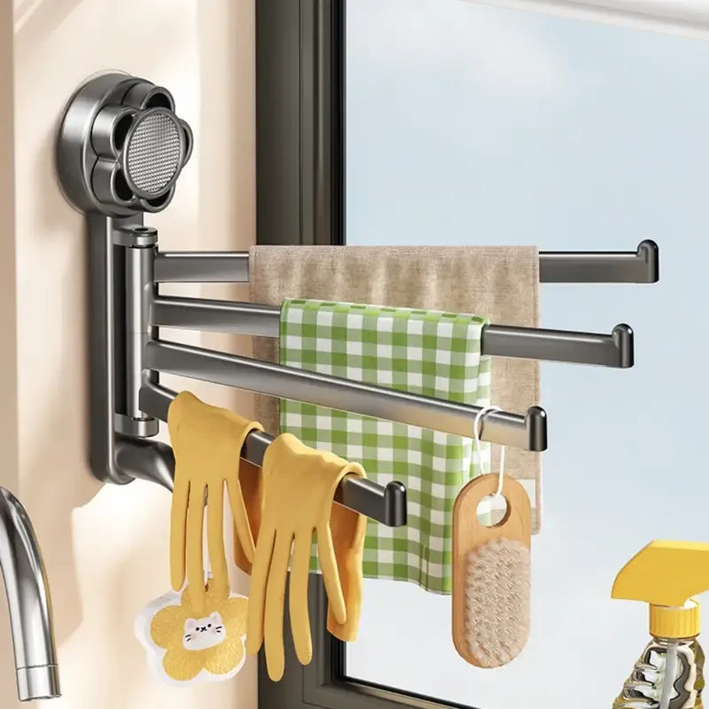 No-drill ABS Suction Cup Towel Rack, 180° Rotating Layered Storage, Dual Use for Kitchen and Bathroom, Sturdy Load Bearing and Easy to Clean./Gun gray three-shot