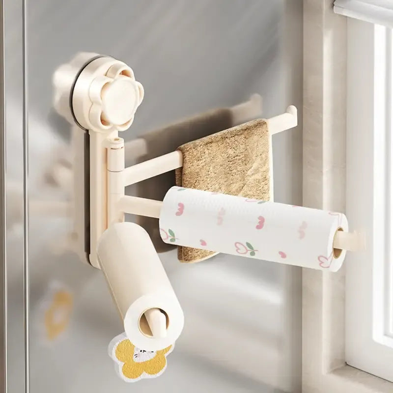 No-drill ABS Suction Cup Towel Rack, 180° Rotating Layered Storage, Dual Use for Kitchen and Bathroom, Sturdy Load Bearing and Easy to Clean./Milk white four-bar