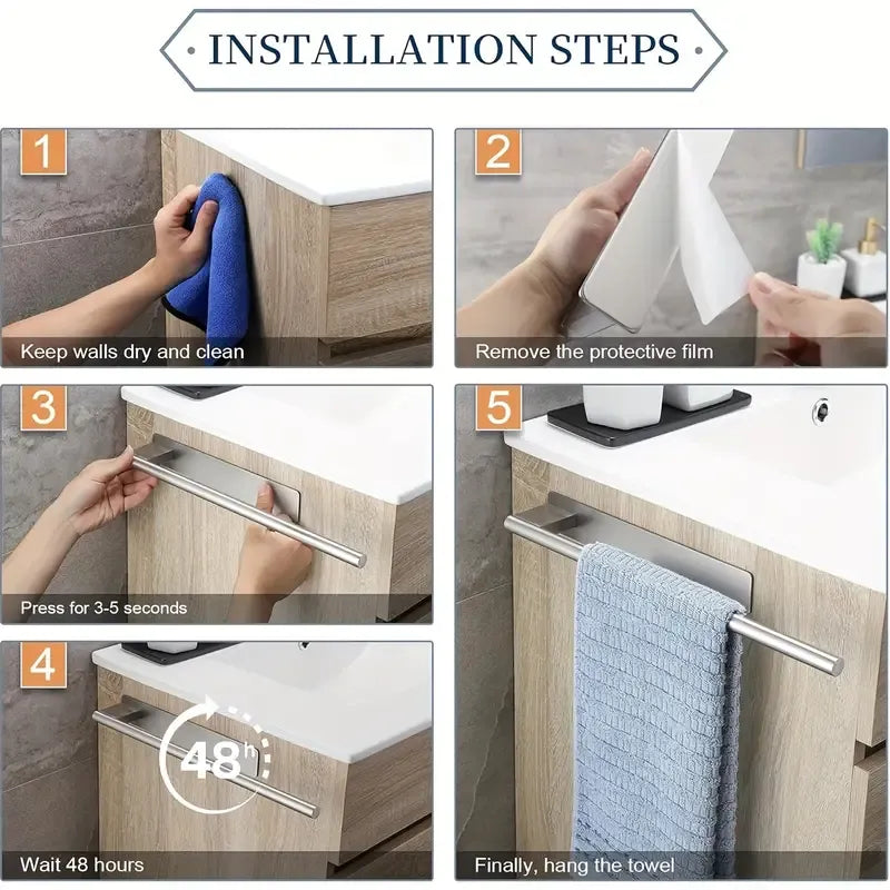 Stainless steel drill-free towel bar, rust-proof and durable, strong adhesive installation, super convenient for hanging towels in bathroom and kitchen../black