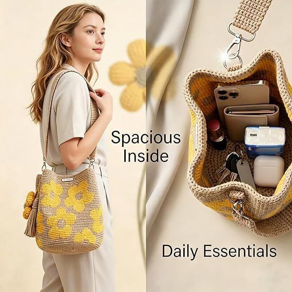 Hand crocheted flower tote bag, beige and brown color scheme with three-dimensional yellow flowers and tassels, can be worn as shoulder bag, crossbody bag, or carried by hand, the perfect choice for everyday outings with a stylish vibe./purple