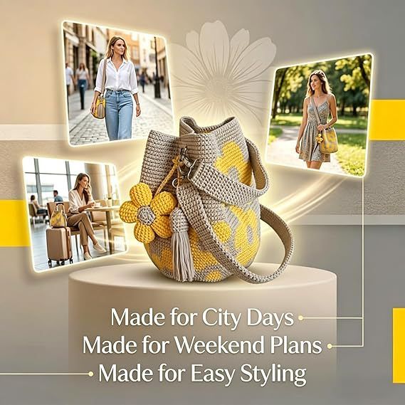 Hand crocheted flower tote bag, beige and brown color scheme with three-dimensional yellow flowers and tassels, can be worn as shoulder bag, crossbody bag, or carried by hand, the perfect choice for everyday outings with a stylish vibe./purple