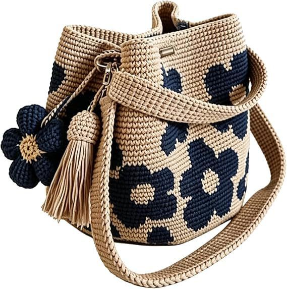 Hand crocheted flower tote bag, beige and brown color scheme with three-dimensional yellow flowers and tassels, can be worn as shoulder bag, crossbody bag, or carried by hand, the perfect choice for everyday outings with a stylish vibe./purple