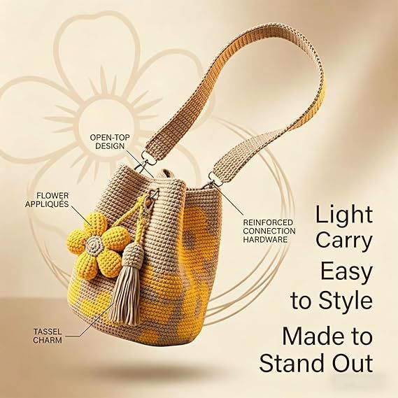 Hand crocheted flower tote bag, can be worn as shoulder bag, crossbody bag, or carried by hand, the perfect choice for everyday outings with a stylish vibe./YELLOW